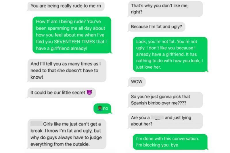 Screenshots of text exchange between girl trying to pursue guy who says he has a girlfriend