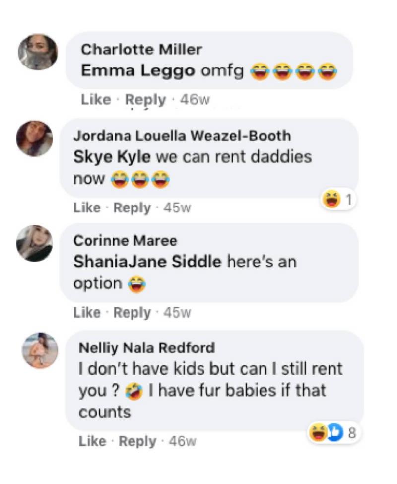 Facebook comments from people laughing at the Rent A Daddy post