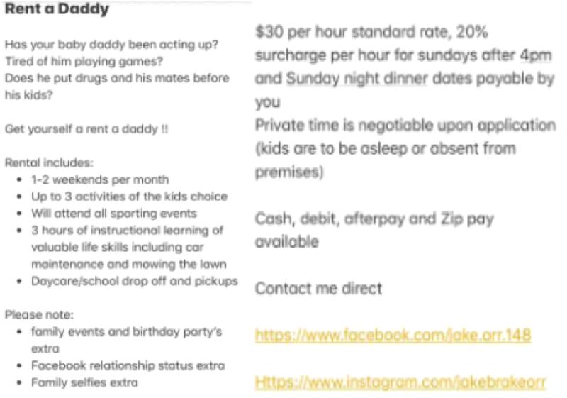 close-up screenshot of the posting details for Jake James' Rent A Daddy service