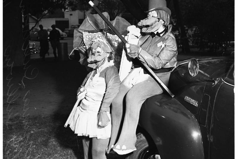 Two people dressed as hippos at the Halloween Breakfast and Festival in Anaheim in 1952