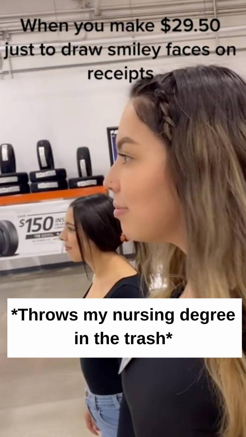 Two people looking off camera. Text saying throwing nursing degree in the trash. 