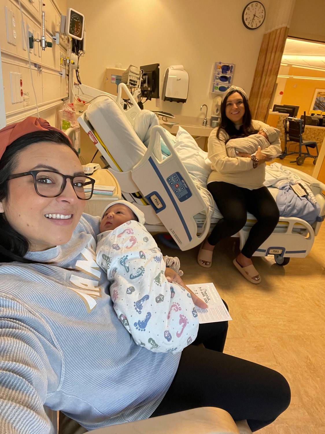 Jill and Erin in the hospital with their babies