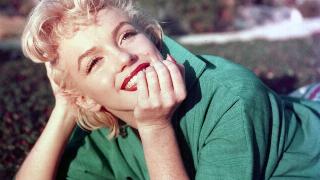 Marilyn Monroe in a green shirt smiling on the grass.