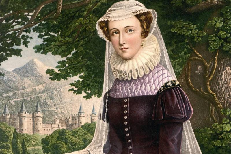 A painting of Mary Queen of Scot's standing in front of a tree.