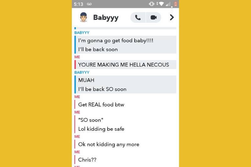snapchat conversation about getting food before he goes missing