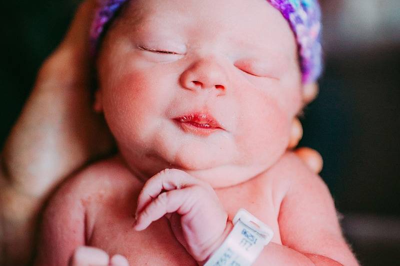 closeup of newborn baby with pink hat