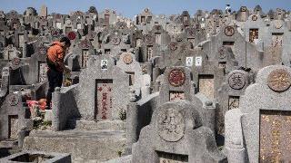 man stands at burrial site