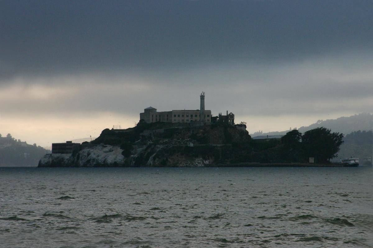 Alcatraz Island on a dark, gloomy night.