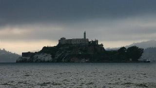 Alcatraz Island on a dark, gloomy night.