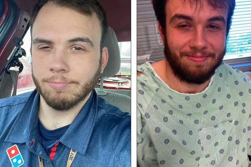 Two photos of a man, one a selfie and one a selfie in a hospital gown.
