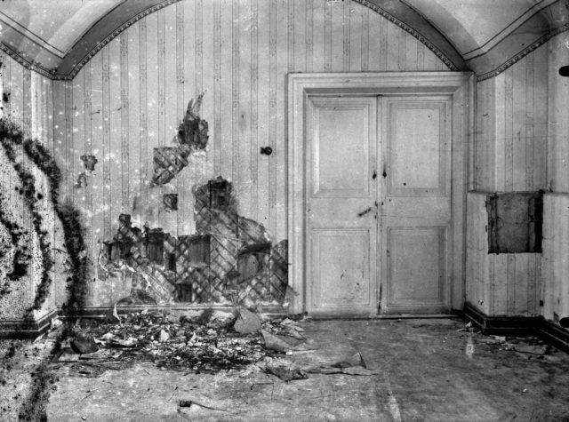 Cellar of Ipatiev house in Yekaterinburg, after the Execution of the Imperial Family in the night on 16-17 July 1918, 1919. Found in the collection of State Archive of the Russian Federation (GARF).