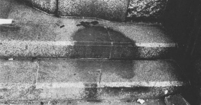 Human shadow on bank steps, in Hiroshima after the explosion of the atom bomb in August 1945, Japan. 