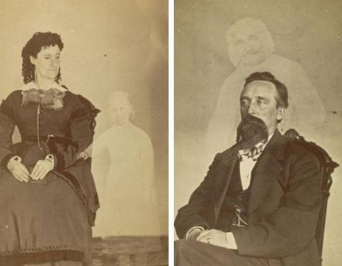 left: Mrs. Tinkman photographed by William H. Mumler. Right: John J. Glover photographed by William H. Mumler.