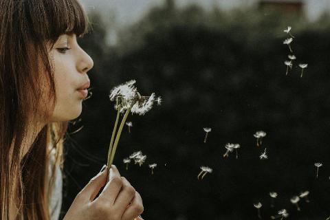 A woman blowing the petals off of a dandelion weed.