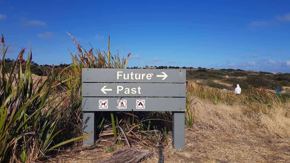 A sign that points one way to the past, and one way to the future, on a mountain.