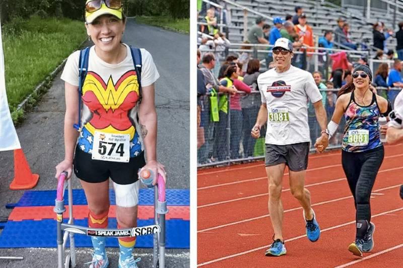 Since leaving the hospital, Colleen, shown at the Superhero Half Marathon (left) and with Sean at the Cheshire Half Marathon, has competed in dozens of triathlons and marathons.
