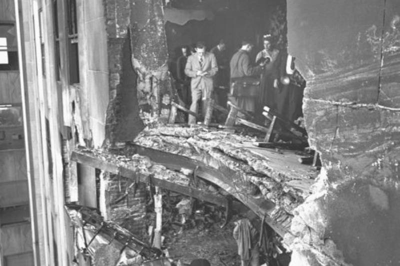 A view of the hole rammed into the 78th and 79th stories of the Empire State Building following a plane crash in 1945.