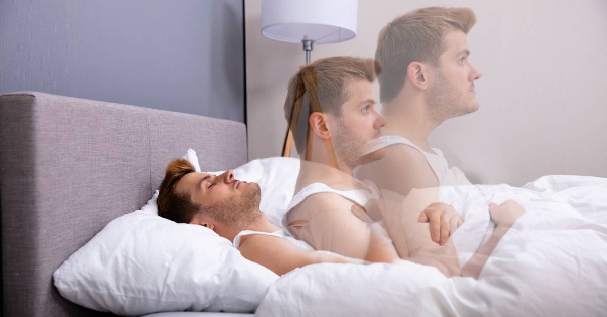 man's body in bed with effect of him getting up
