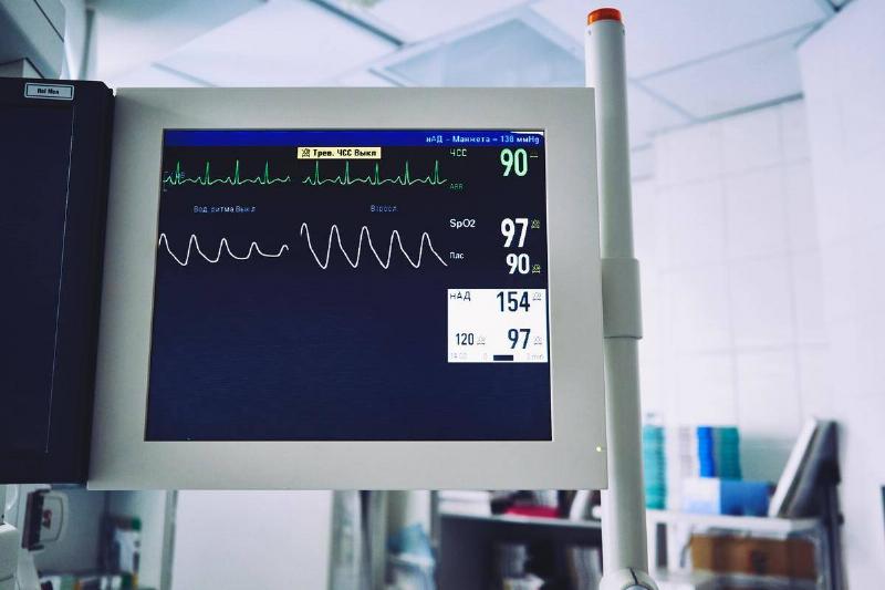 A heart monitor showing a heart rate in a hospital.