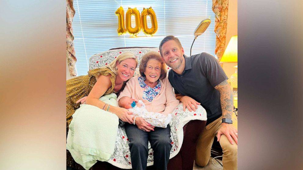 Koller was all smiles meeting her 100th great-grandchild, a baby boy named Koller William Balster, after her late husband, William Koller. The two are pictured here with Koller's parents, Christine Stokes Balster and Patrick Balster.