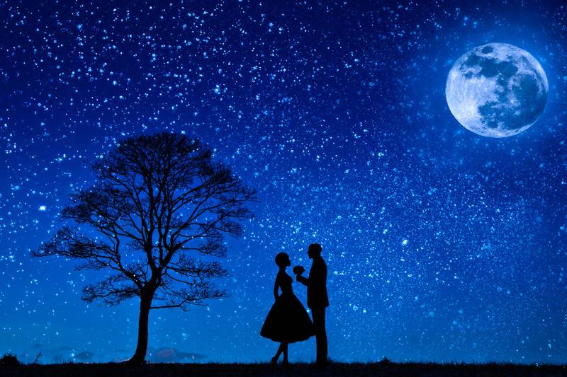 silhouette of couple by moonlight in starry sky