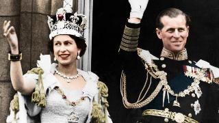 Queen Elizabeth II and the Duke of Edinburgh on the day of their coronation, Buckingham Palace, 1953. (Colorised black and white print). Artist Unknown.