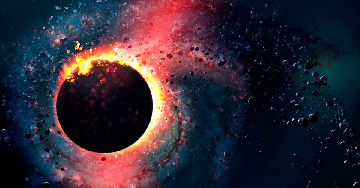 The Big Bang depiction of earth on fire with red and blue sky around it