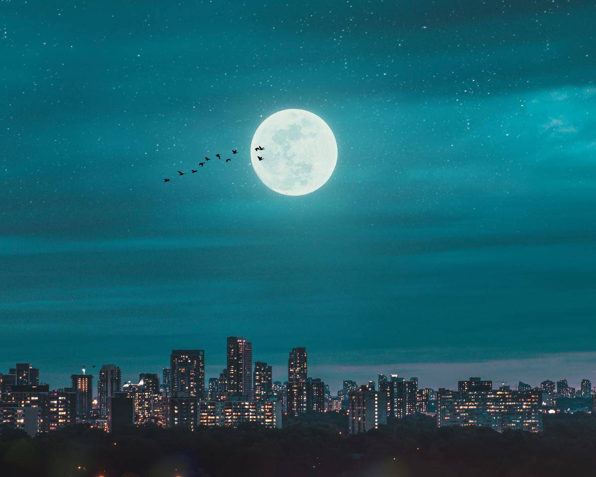 full moon  bright over city