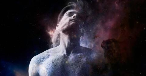 man becomes one with universe by fading into smoke into the sky