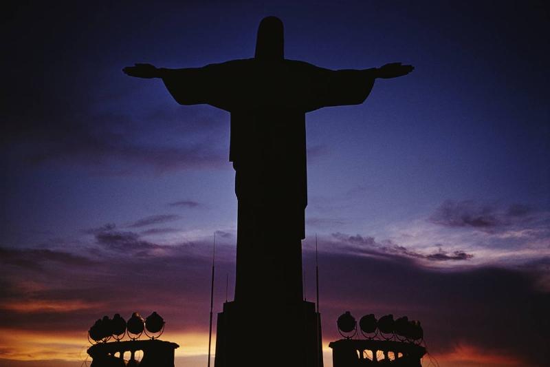 The statue of Cristo Redentor or Christ the Redeemer on the Corcovado mountain in Rio de Janeiro, Brazil, circa 1960.