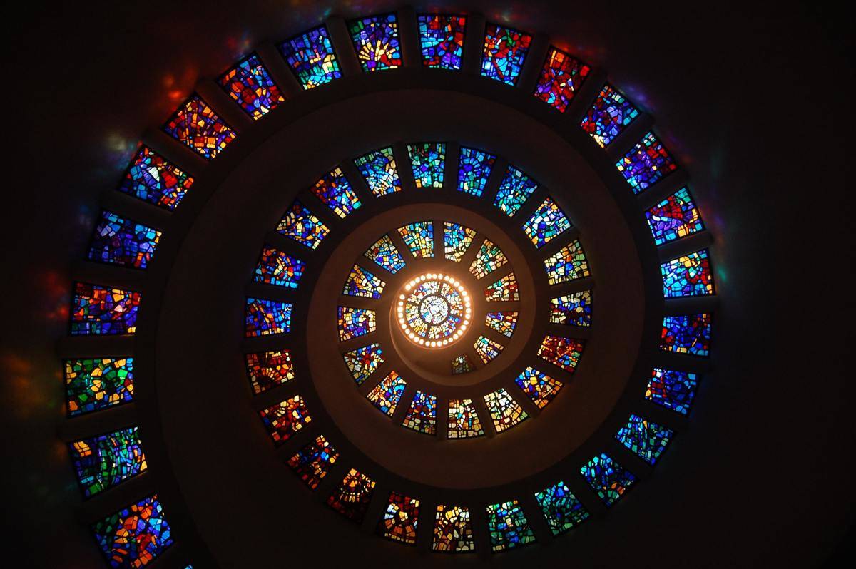 orms-eye-view-of-spiral-stained-glass-decors-through-the-roof-
