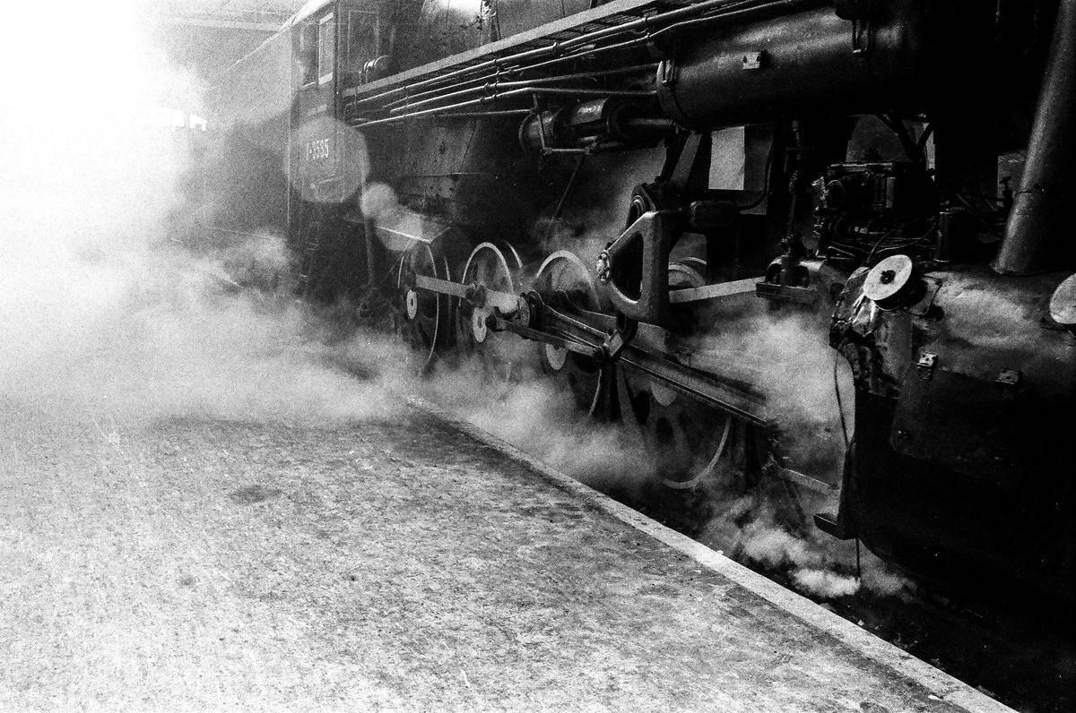 A greyscale image of a train arriving at the station.