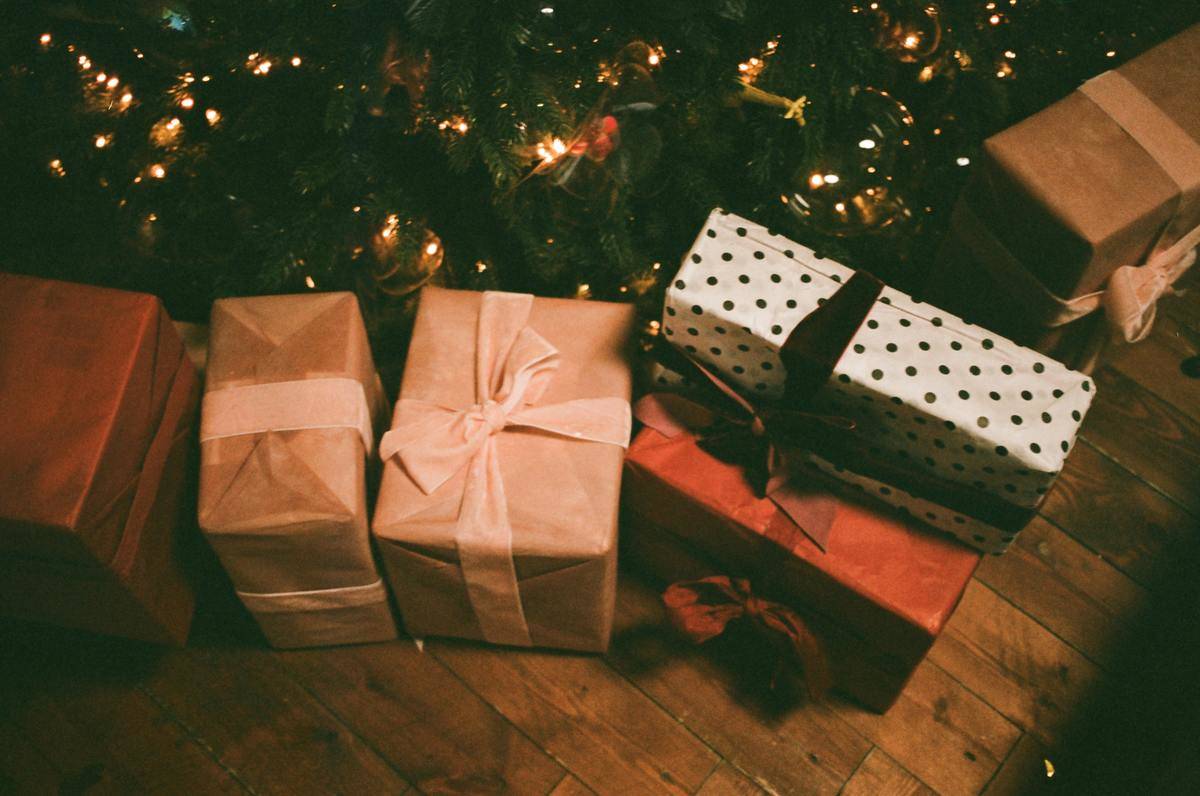 Christmas presents under a tree.