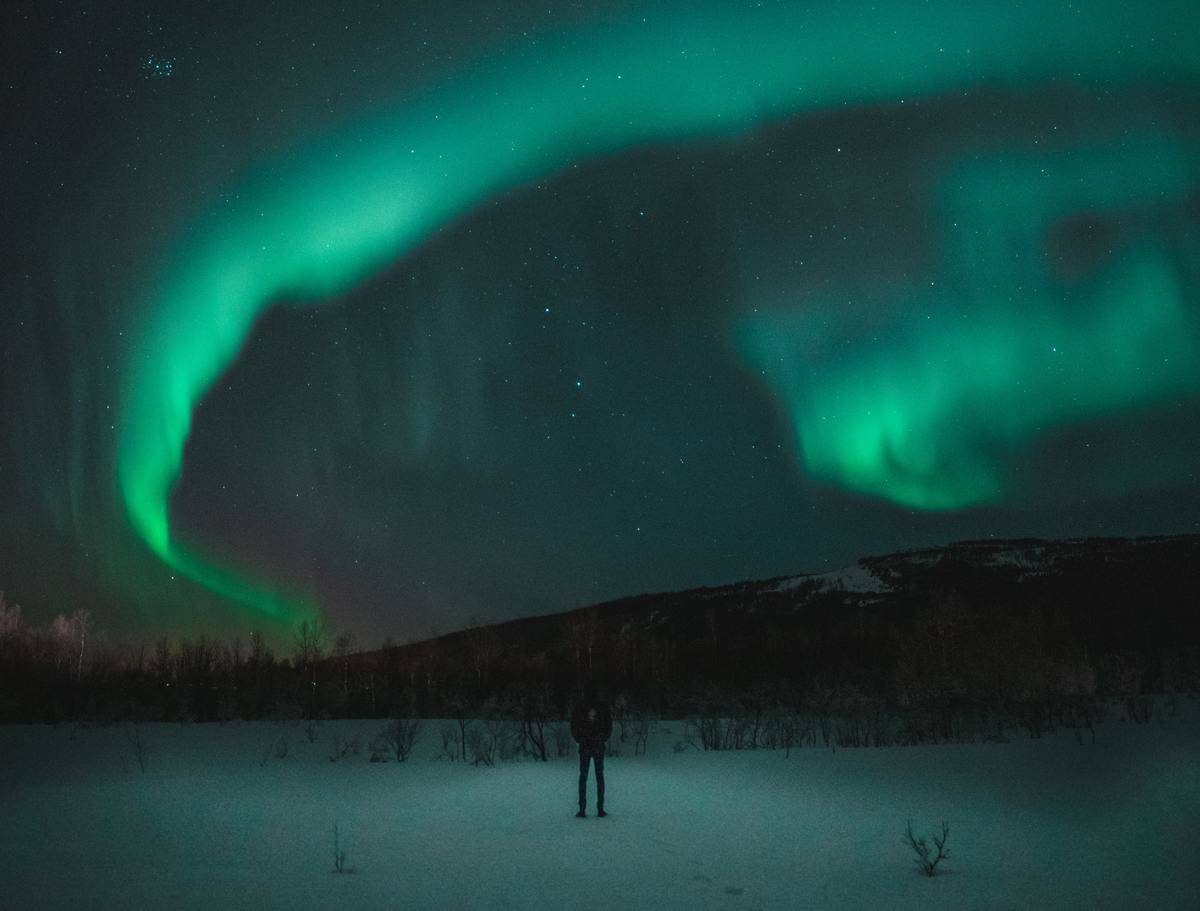 A person standing below the northern lights.