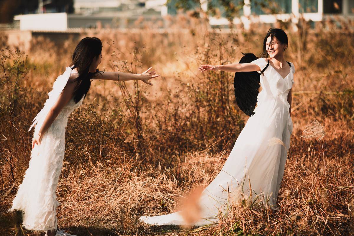 Two women in white dresses, one with black wings and one with white wings, reaching out towards one another in a field.