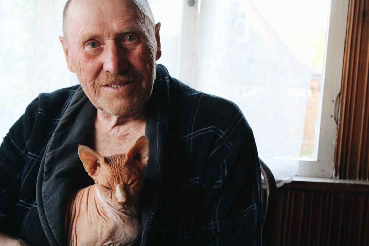 An elderly man holding a hairless cat.