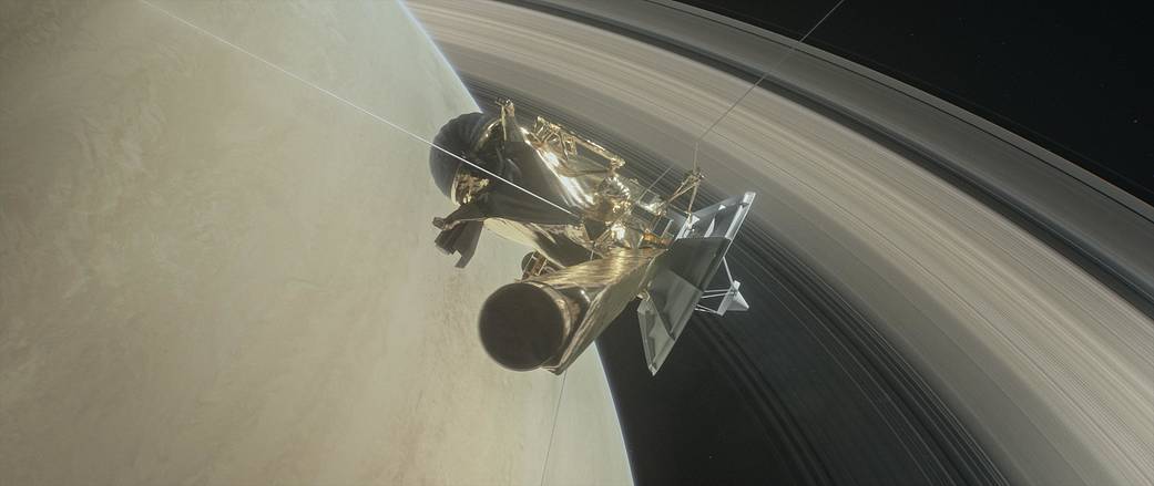 An illustration of Cassini above Saturn's rings.