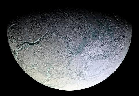 An image of Enceladus taken with the Cassini spacecraft. 