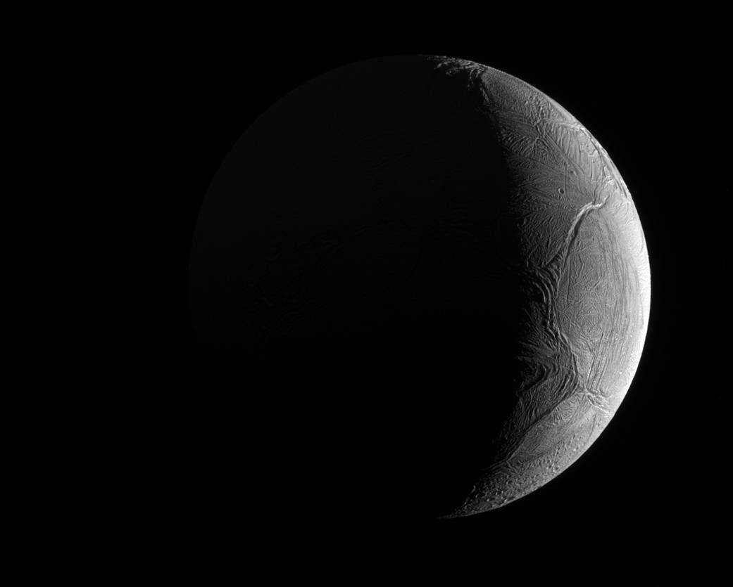 An image of Enceladus taken with the Cassini spacecraft.