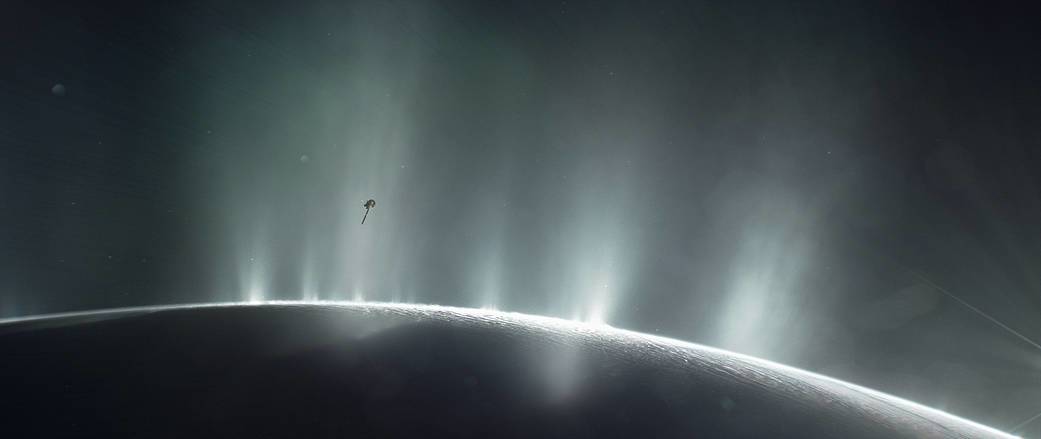 An illustration of Cassini venturing through Enceladus' eruptions.