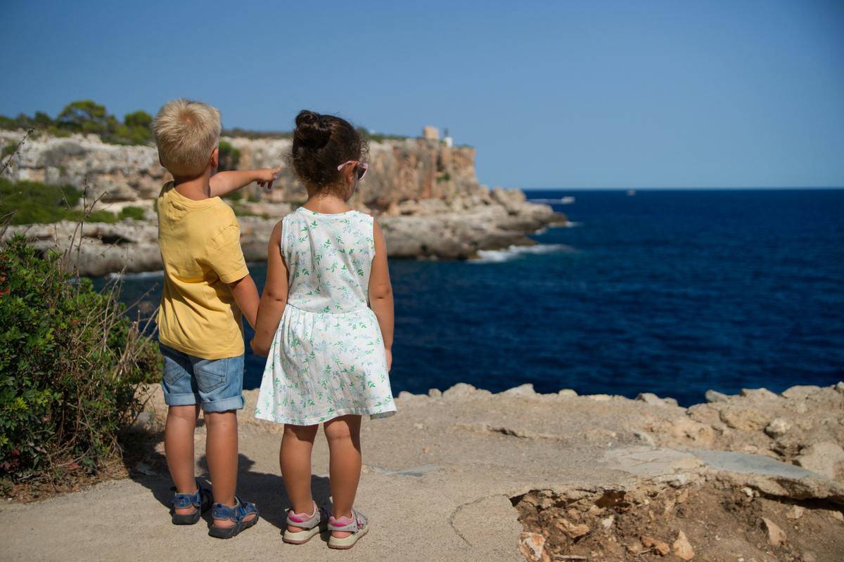 Two children holding hands while standing before a small cliff, pointing out at the water.