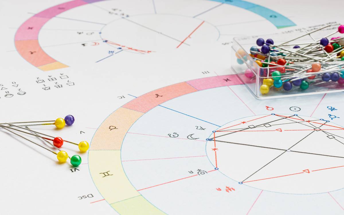 Two colorful star charts with a box of pins set atop them.