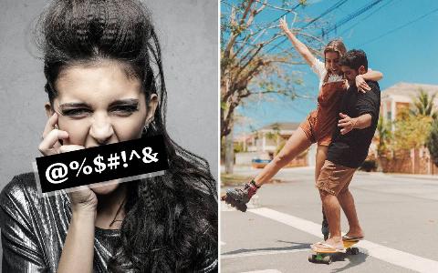 A woman with alternative style and teased hair posing for the camera, her hand clawing at the side of her face, eyes squinting and mouth open. | Two friends balancing on a single skateboard, holding onto each other for balance.