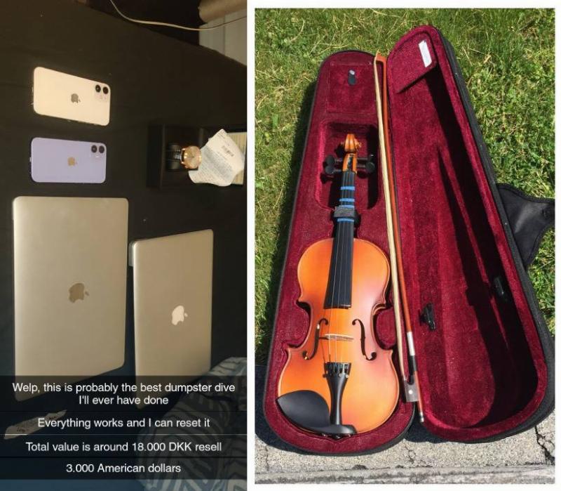 A photo of some Apple products next to a photo of a violin.