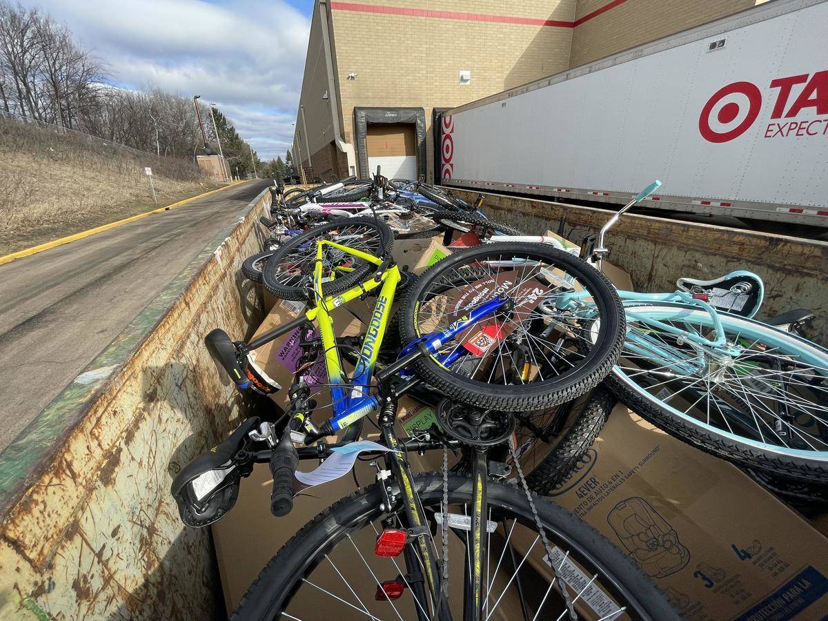 A target dumpster filled with bikes.