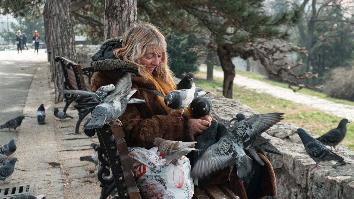 A woman sitting on a bench, being flocked by pigeons that she's feeding.