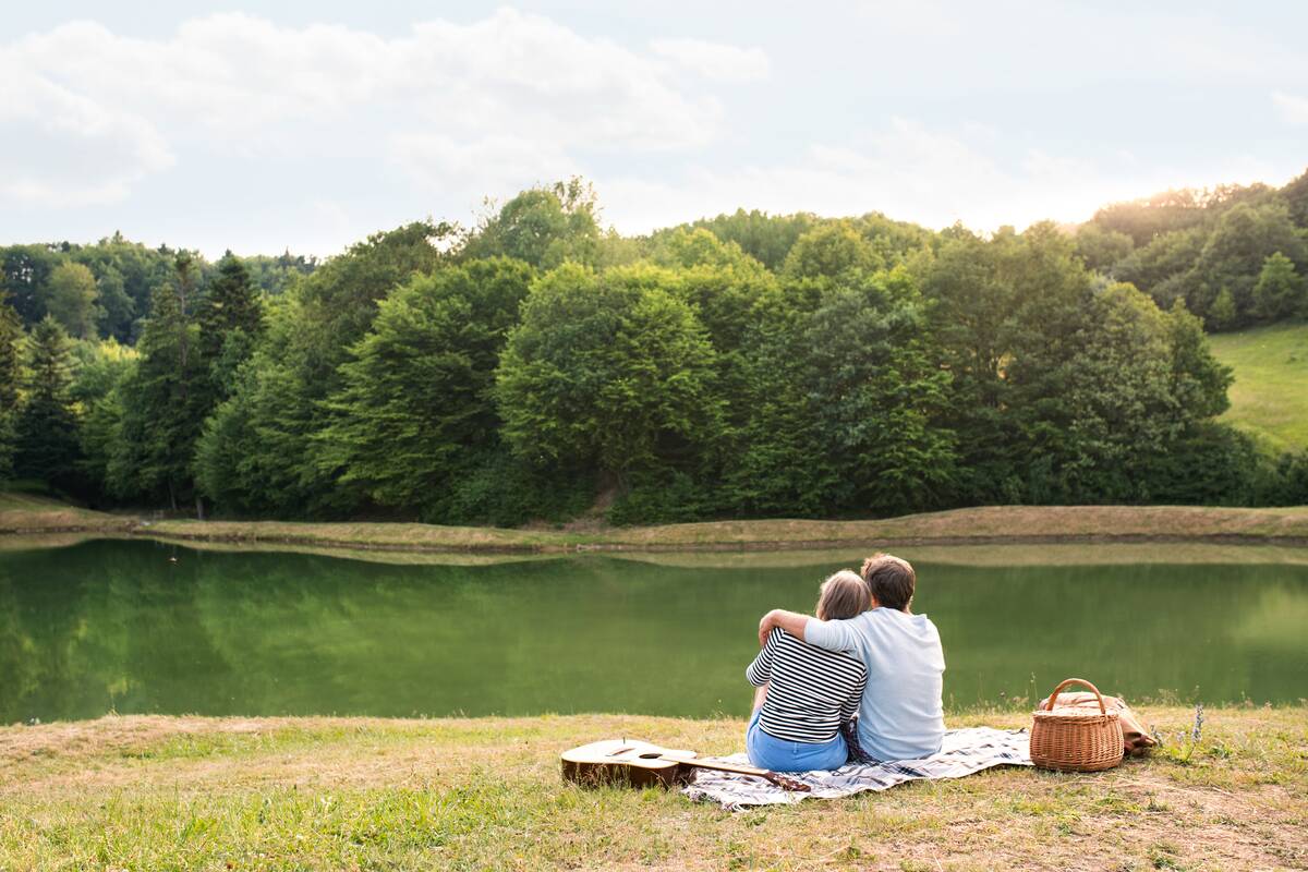 A couple seated on a blanket in front of a lake, a picnic basket and a guitar in view.