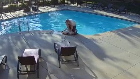 Security camera footage of Tom saving Xzavier from drowning.