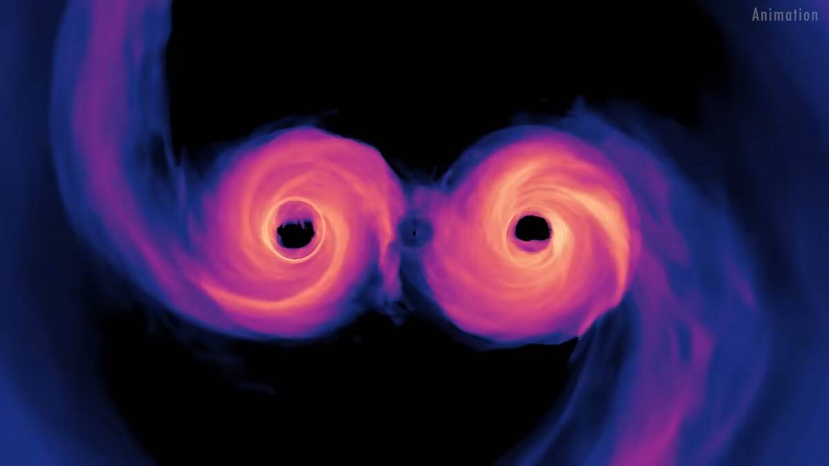 A visual render of the two initial black holes that began orbiting.