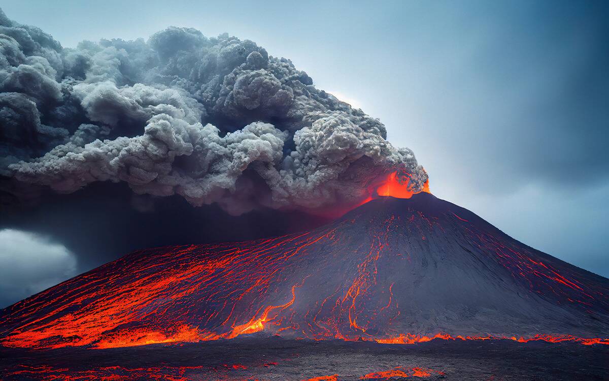 An erupting volcano, with a large cloud of ash bursting from the top and bright red lava flowing down its sides.